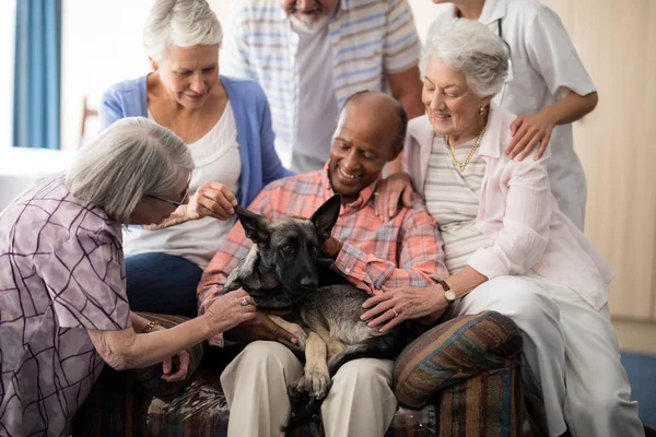 Старшие люди и доктор играют с собакой — стоковое фото