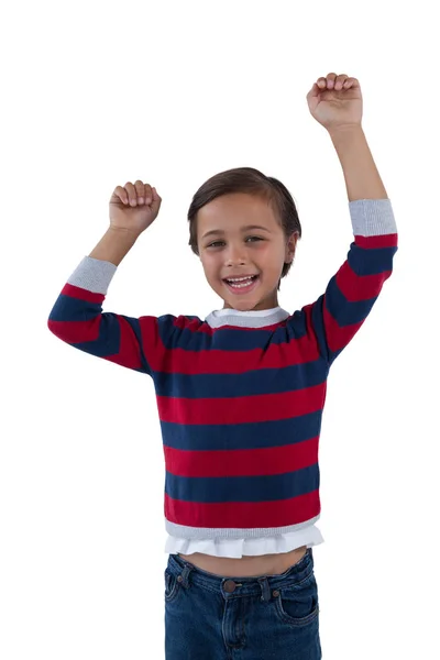 Menino feliz posando contra fundo branco — Fotografia de Stock