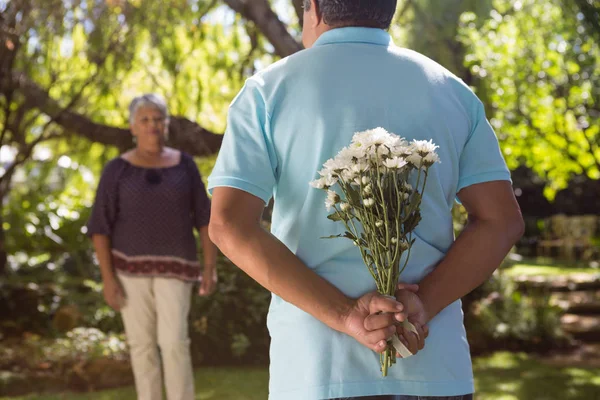 Homem sênior escondendo flores nas costas — Fotografia de Stock