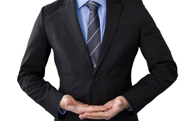 Businessman in suit while standing with hands cupped — Stock Photo, Image