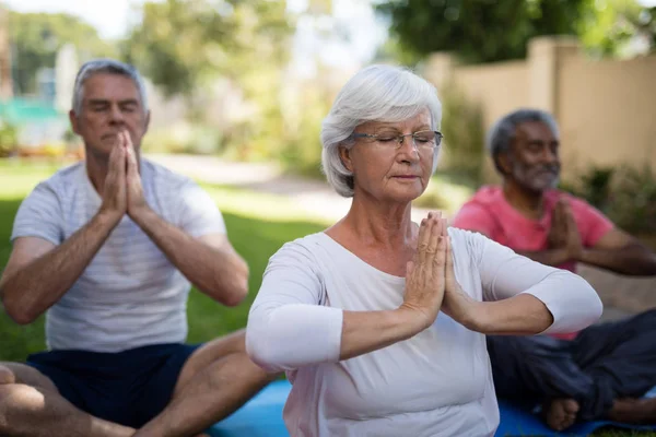 Pessoas idosas com olhos fechados meditando — Fotografia de Stock