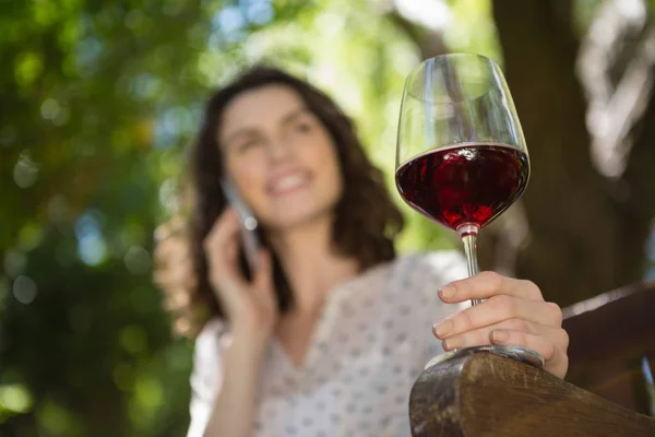와인을 즐기면서 전화 통화 하는 여자 — 스톡 사진
