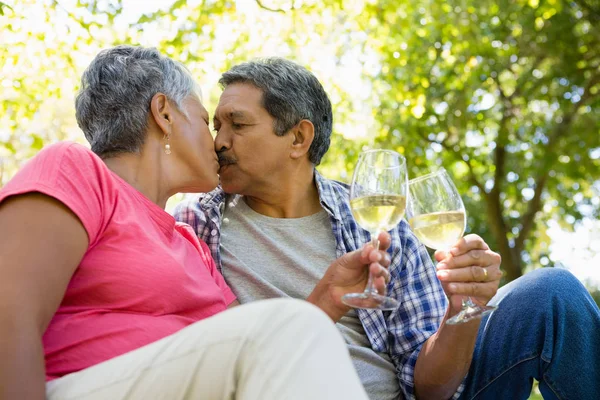 Casal sênior beijando enquanto bebe vinho — Fotografia de Stock