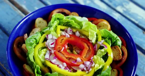 Ensalada de verduras con tostadas secas en tazón — Vídeos de Stock