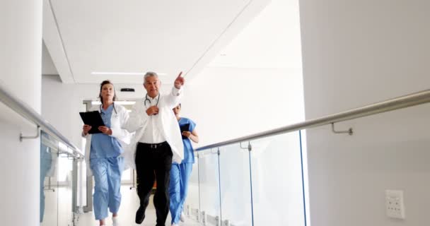 Médicos y enfermeras corriendo en el pasillo del hospital — Vídeo de stock