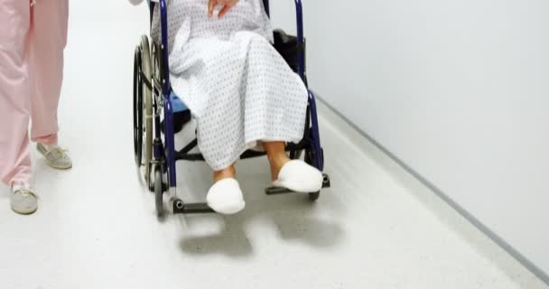 Sjuksköterska trycka en patient i en rullstol — Stockvideo