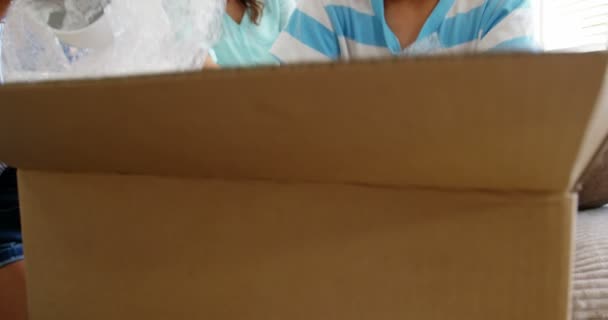 Family unpacking cardboard boxes — Stock Video