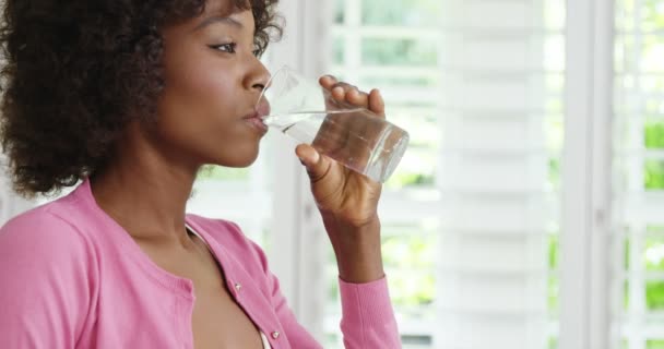 Mujer bebiendo vaso de agua y sonriendo — Vídeos de Stock