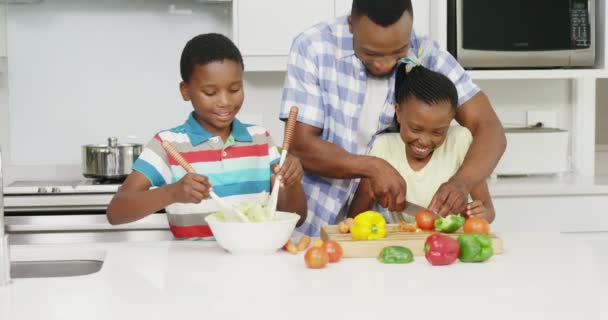 Father and children preparing vegetable salad — Stock Video