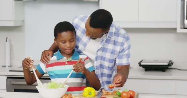 Отец и сын готовят овощной салат — стоковое видео