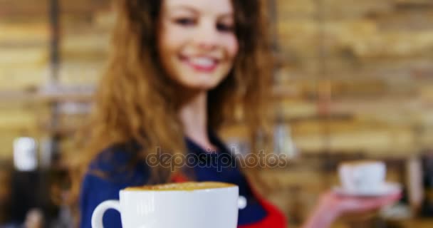 Garçonete servindo café no balcão — Vídeo de Stock