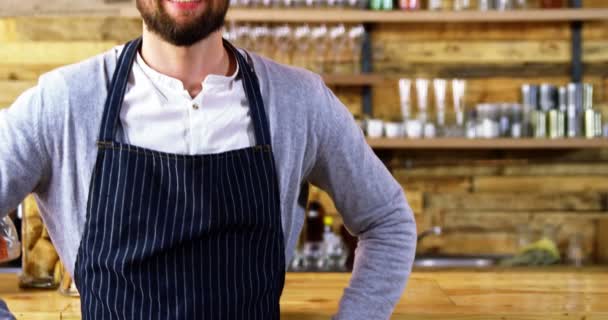 Официант, стоящий с руками на бедре у стойки — стоковое видео