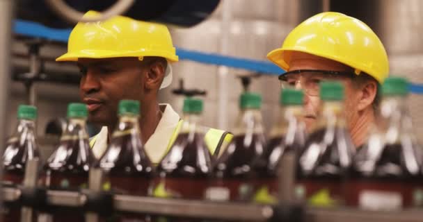 Рабочие проверяют бутылки на производственной линии — стоковое видео