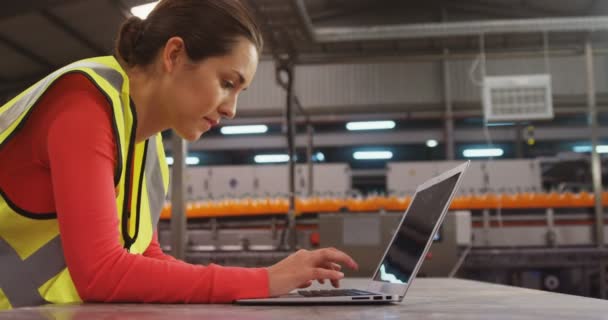 Kierownik korzysta z laptopa w pobliżu linii produkcyjnej — Wideo stockowe