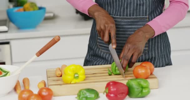 Mulher feliz cortando legumes na cozinha — Vídeo de Stock