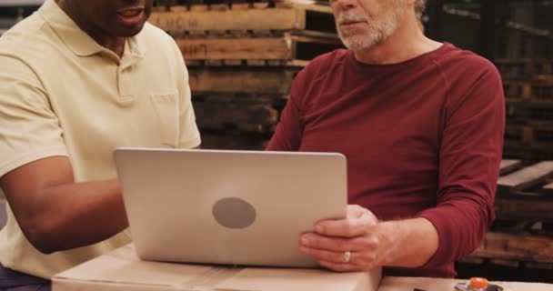 Arbetstagare diskutera över laptop — Stockvideo