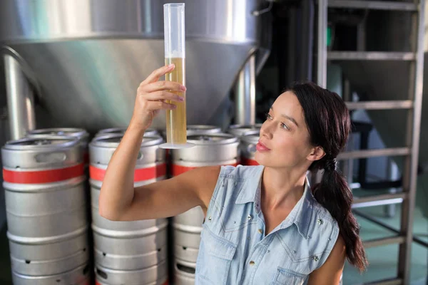 Travailleur examinant la bière dans une éprouvette — Photo
