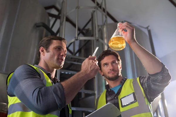 Compañeros de trabajo examinando cerveza en vaso de precipitados —  Fotos de Stock