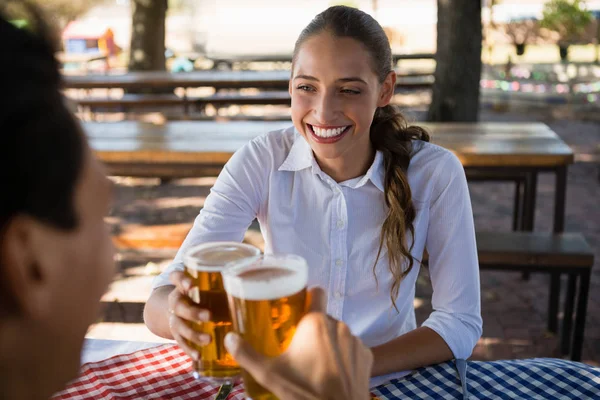 Gelukkige vrouw met een vriend het roosteren van bier — Stockfoto