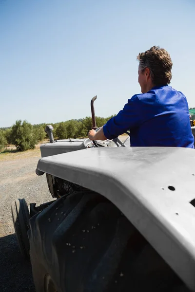 Vue arrière du travailleur conduisant un tracteur — Photo