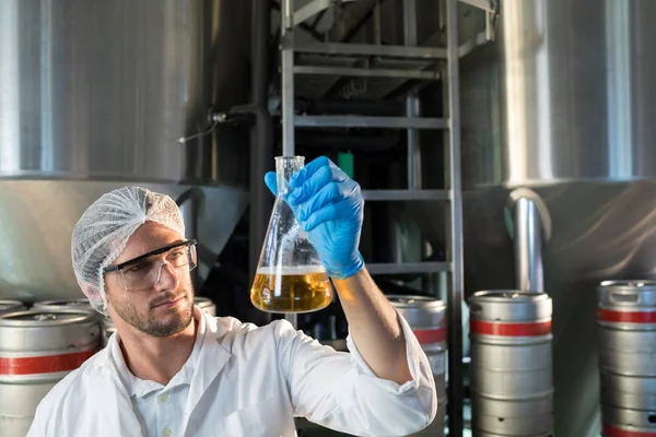 Cientista que examina cerveja na fábrica — Fotografia de Stock