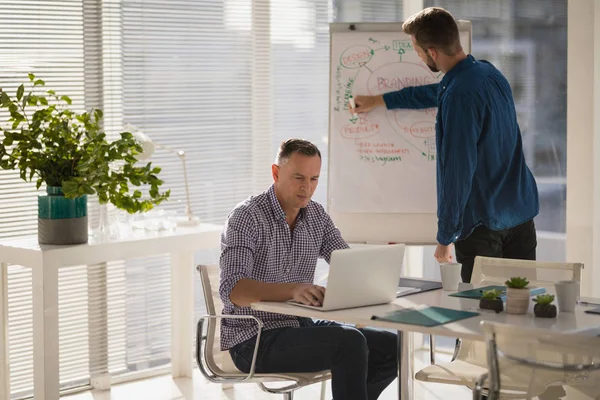 Ejecutivo masculino usando el ordenador portátil mientras compañero de trabajo escribir en el rotafolio — Foto de Stock