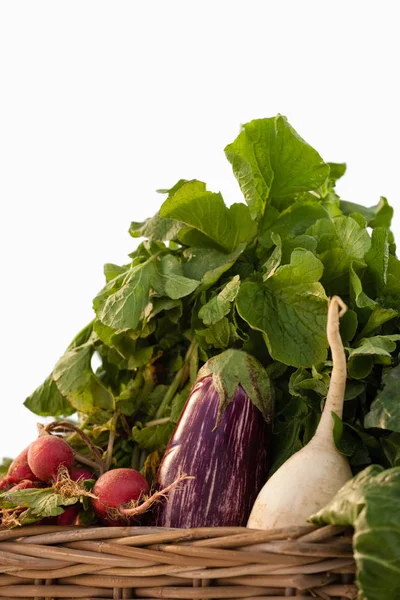 Varias verduras en canasta de mimbre sobre fondo blanco —  Fotos de Stock