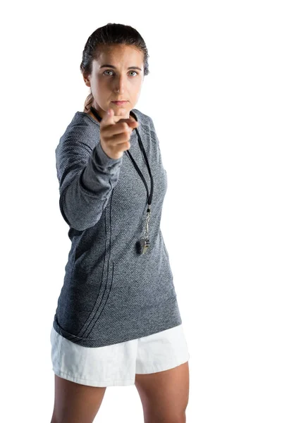 Entraîneur de rugby féminin pointant — Photo