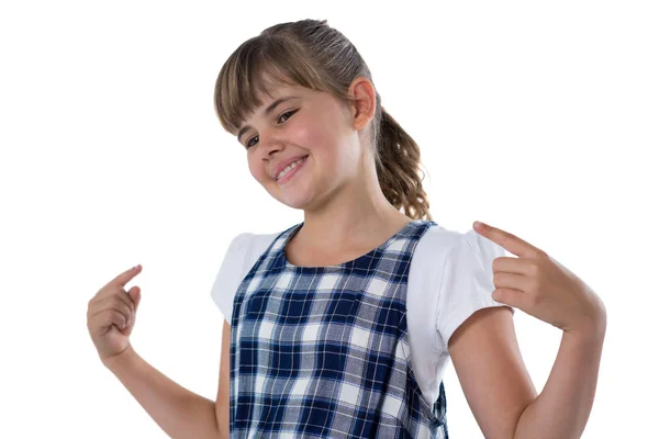 Χαριτωμένο κορίτσι χειρονομώ againt λευκό bcakground — Φωτογραφία Αρχείου