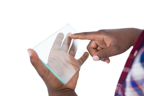 Хлопчик використовує скляний цифровий планшет — стокове фото