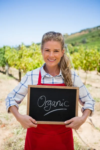 Retrato de mujer feliz sosteniendo pizarra con texto en viñedo — Foto de Stock