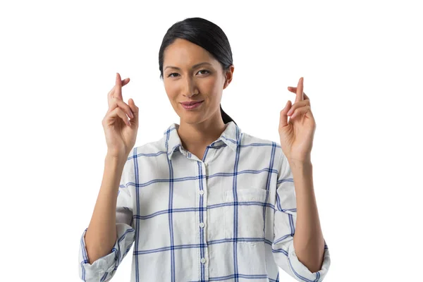 Женщина жестом на белом фоне — стоковое фото