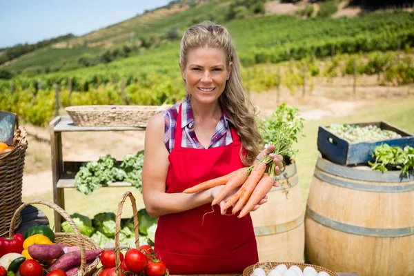 Mujer sosteniendo zanahorias frescas en el puesto de verduras —  Fotos de Stock