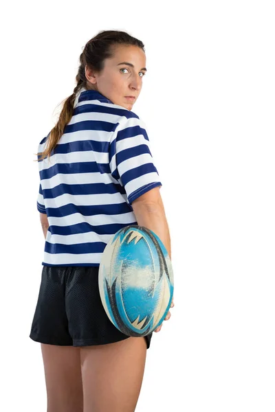 Jogador feminino com bola de rugby — Fotografia de Stock