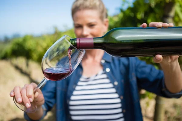 Winzerin gießt Wein ins Glas — Stockfoto