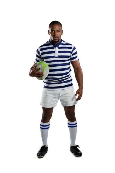 Desportista vestindo esportes uniforme segurando bola de rugby — Fotografia de Stock