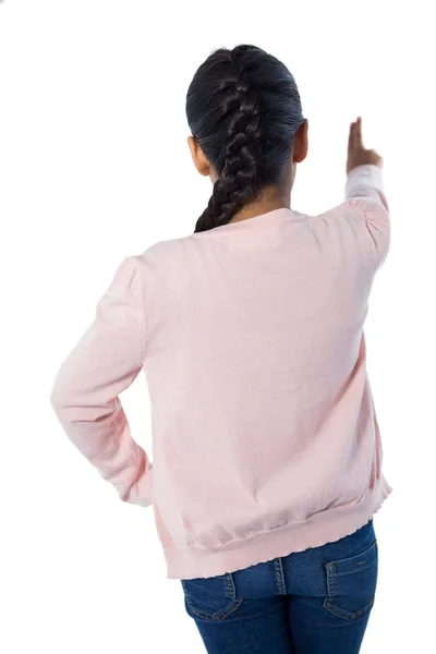 Menina gesticulando contra fundo branco — Fotografia de Stock