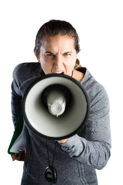 Entrenador femenino anunciando en megáfono — Foto de Stock