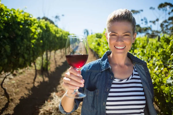 Portret van vrouwelijke wijnboer glas wijn houden — Stockfoto