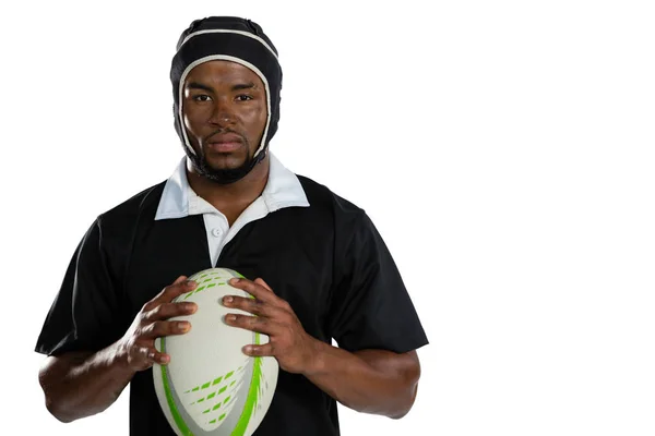 Jogador de rugby masculino usando capacete — Fotografia de Stock