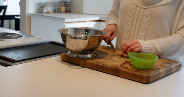 Woman chopping a vegetable with knife — Stock Video