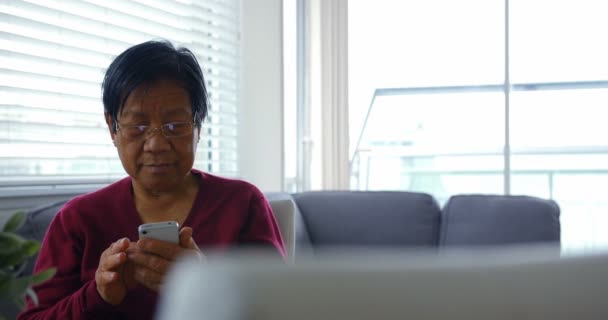 Senior kvinna som använder mobiltelefon i vardagsrummet — Stockvideo