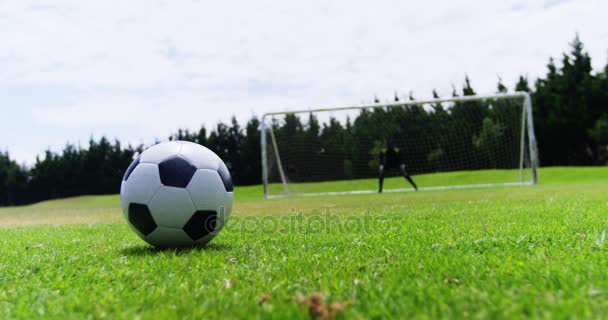 Jogador de futebol chutando uma bola no campo — Vídeo de Stock