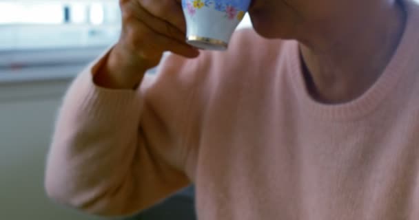 Mujer mayor tomando café en el salón — Vídeos de Stock