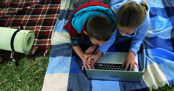 Syskon med laptop utanför tältet på campingen — Stockvideo