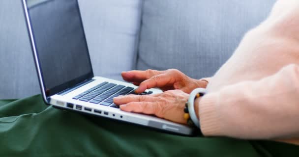 Mujer mayor usando portátil en la sala de estar — Vídeos de Stock