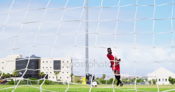 Goleiro defendendo um gol no campo — Vídeo de Stock