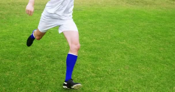 Jogador de futebol chutando uma bola no campo — Vídeo de Stock