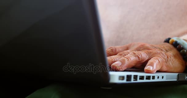 Mujer mayor usando portátil en la sala de estar — Vídeo de stock