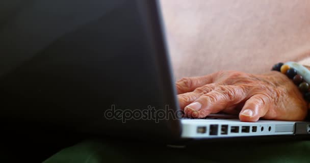 Senior vrouw met laptop in de woonkamer — Stockvideo